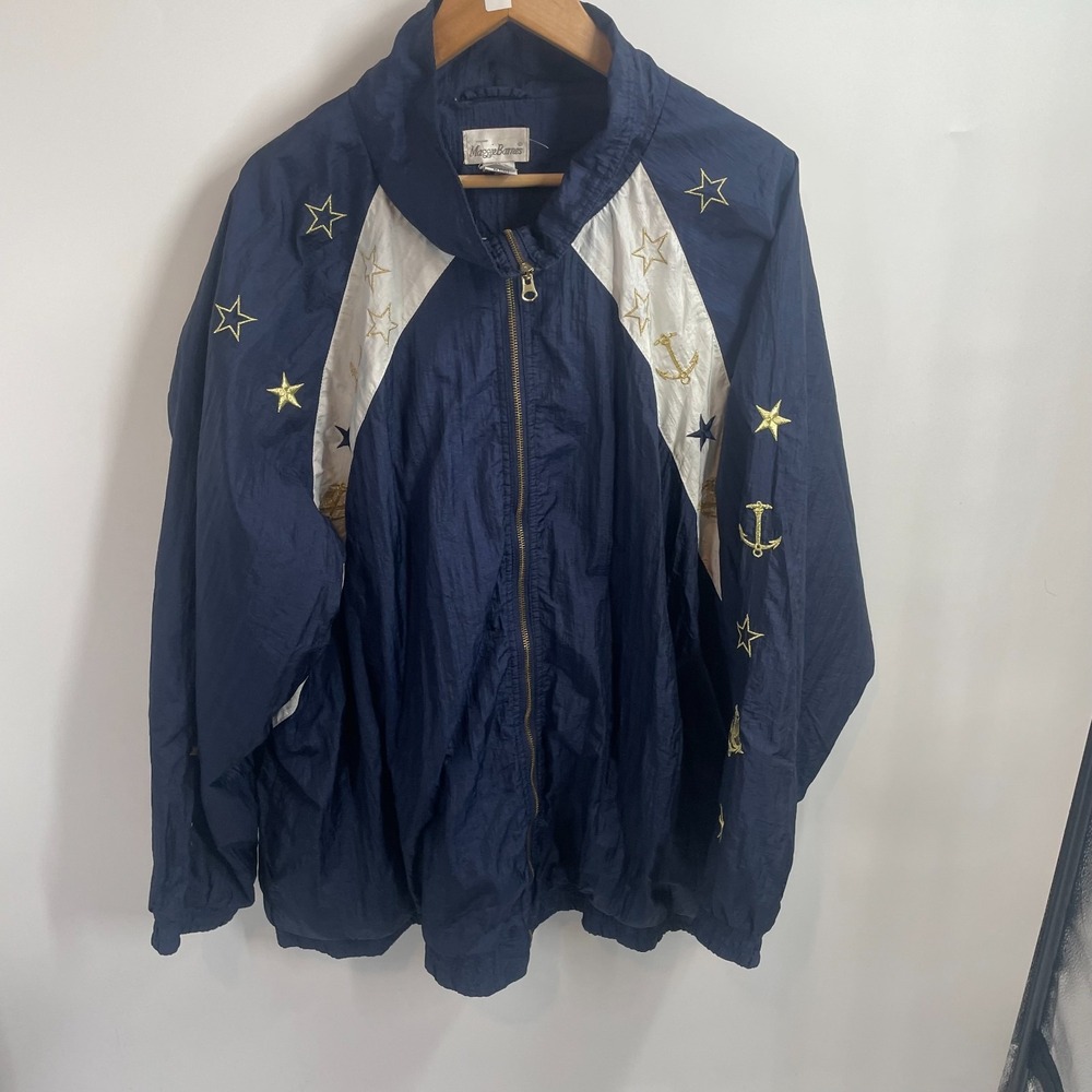 Maggie Barnes Nautical Stars Windbreaker Jacket Navy Blue White Plus Size 4X VTG